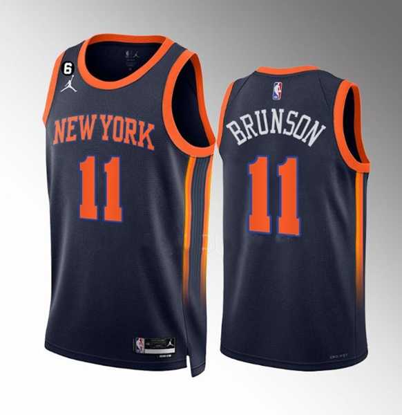 Mens New Yok Knicks #11 Jalen Brunson Navy Statement Edition With NO.6 Patch Stitched Basketball Jersey Dzhi
